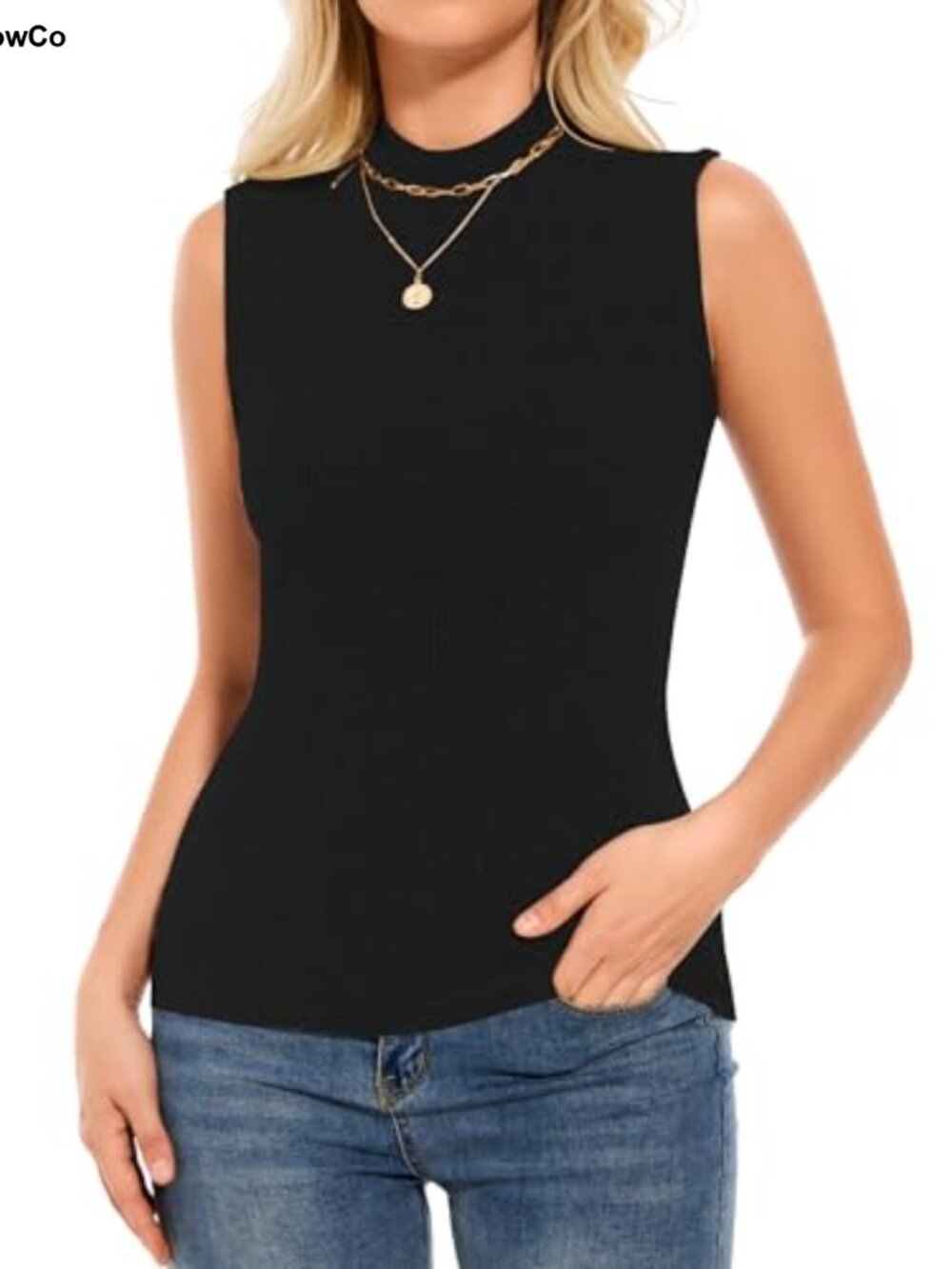 Sleeveless Mock Neck Ribbed Knit Sweater Vest Slim Fit Women's Top